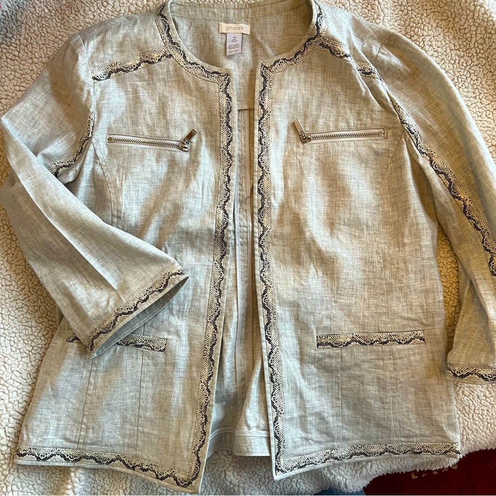 Chico's Light Sage Linen Blend Embroidered Trim Open Front Jacket